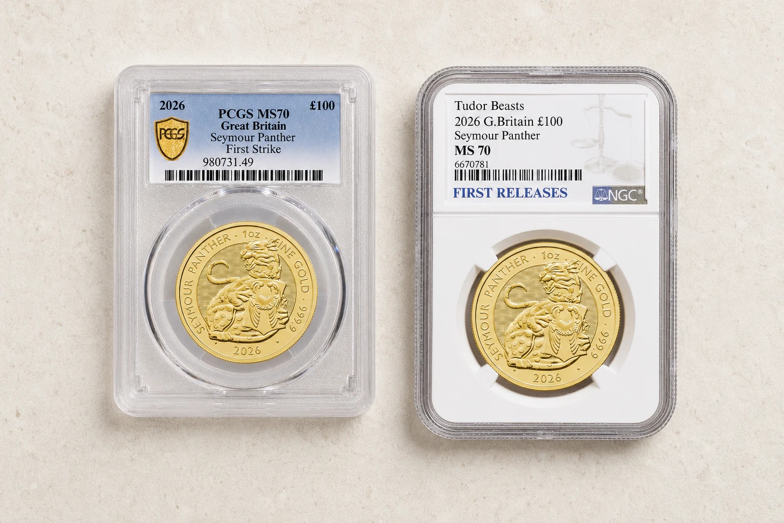 2026 Seymour Panther PCGS and NGC MS70 graded coins on a natural-stone table