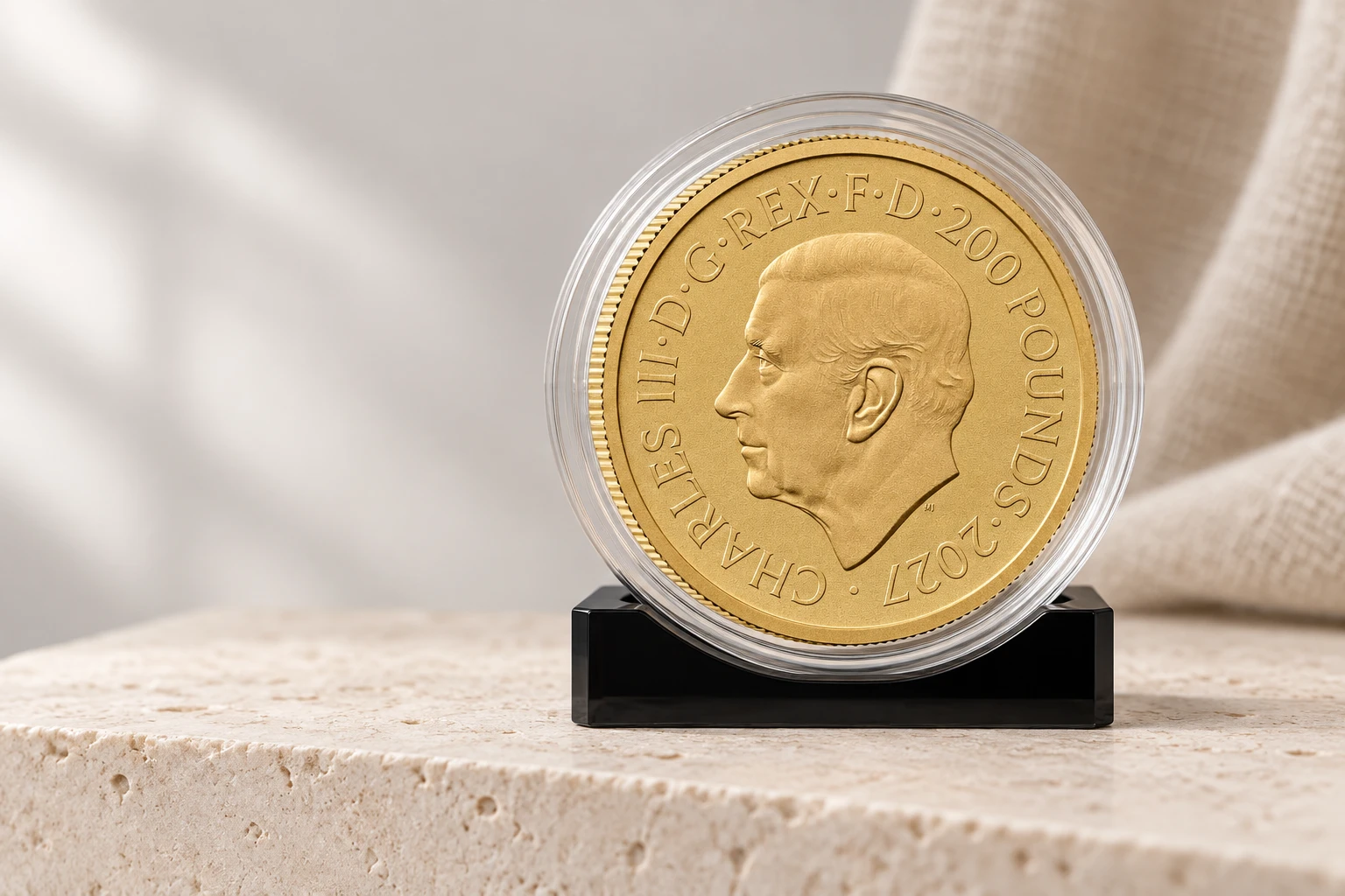 Obverse of the 2027 Tudor Beasts Completer 2oz gold proof showing King Charles III, 200 POUNDS and 2027
