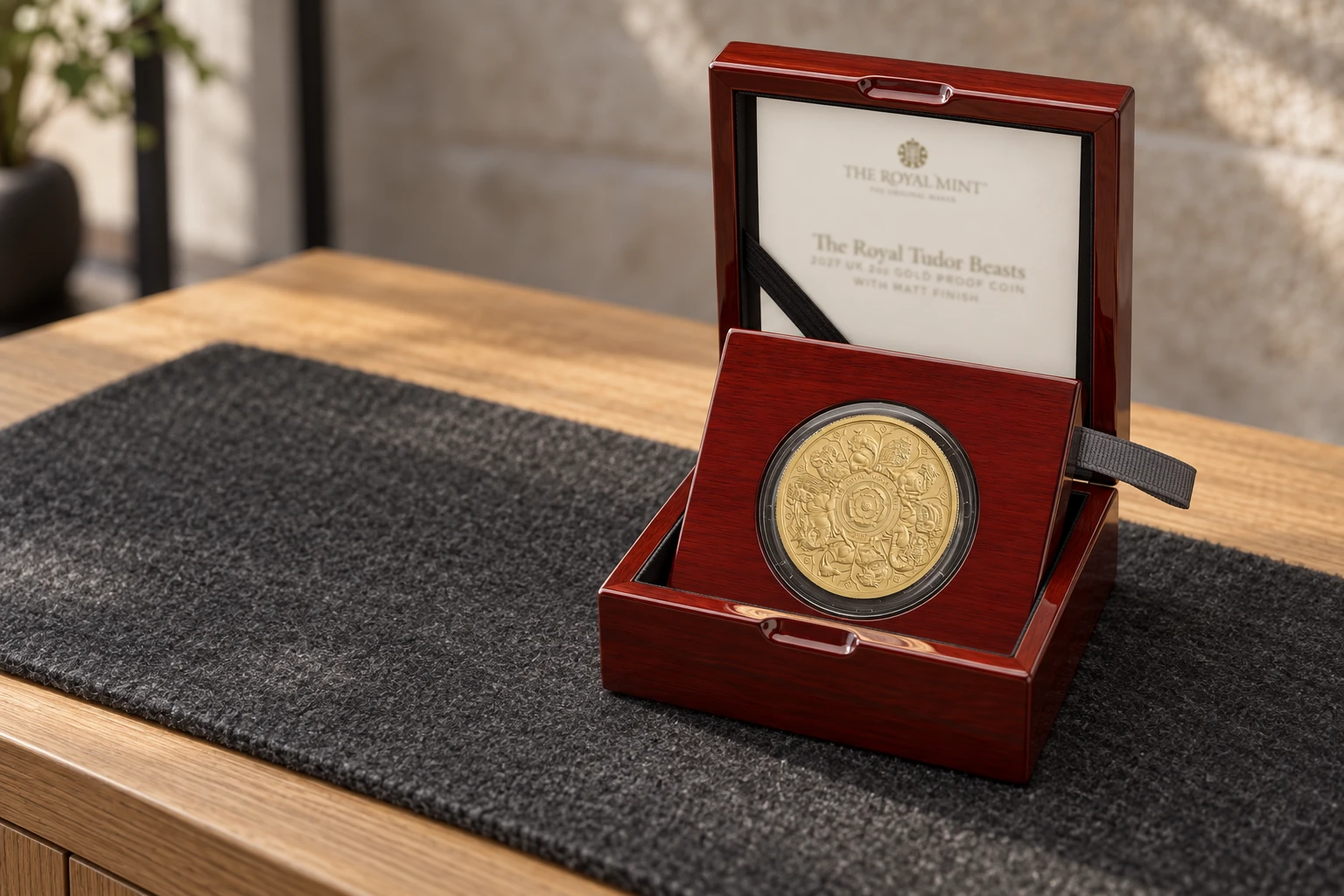The Royal Tudor Beasts 2027 UK 2oz gold proof coin with matt finish in its Royal Mint wooden presentation box