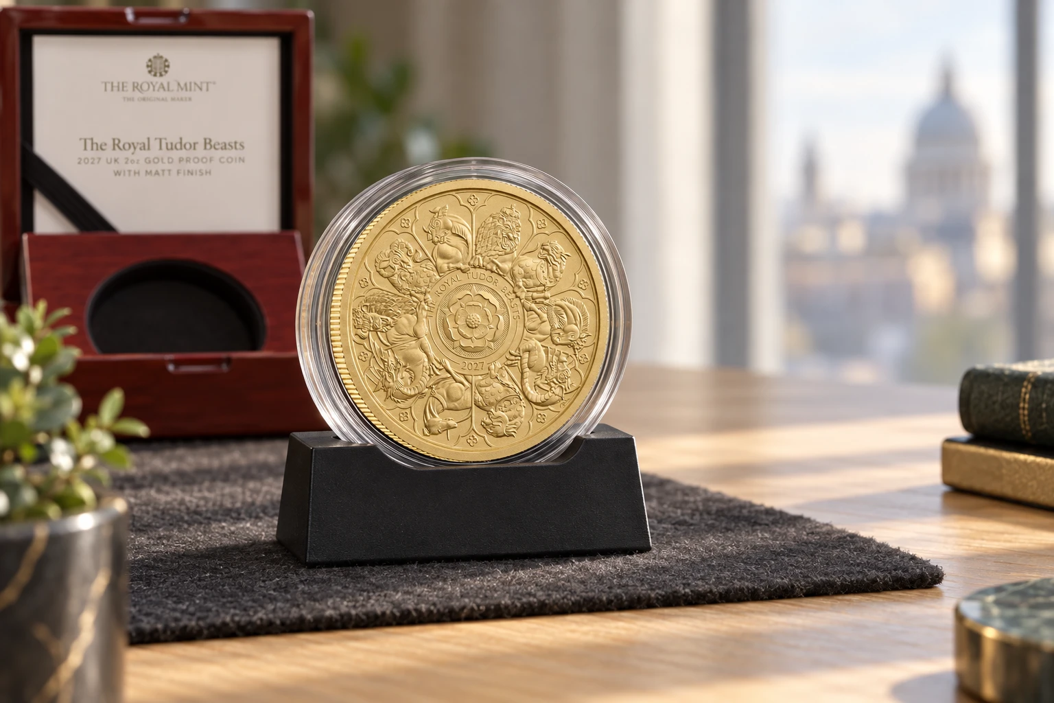 2027 Royal Tudor Beasts Completer 2oz gold proof coin with matt finish in its capsule, beside its Royal Mint presentation box