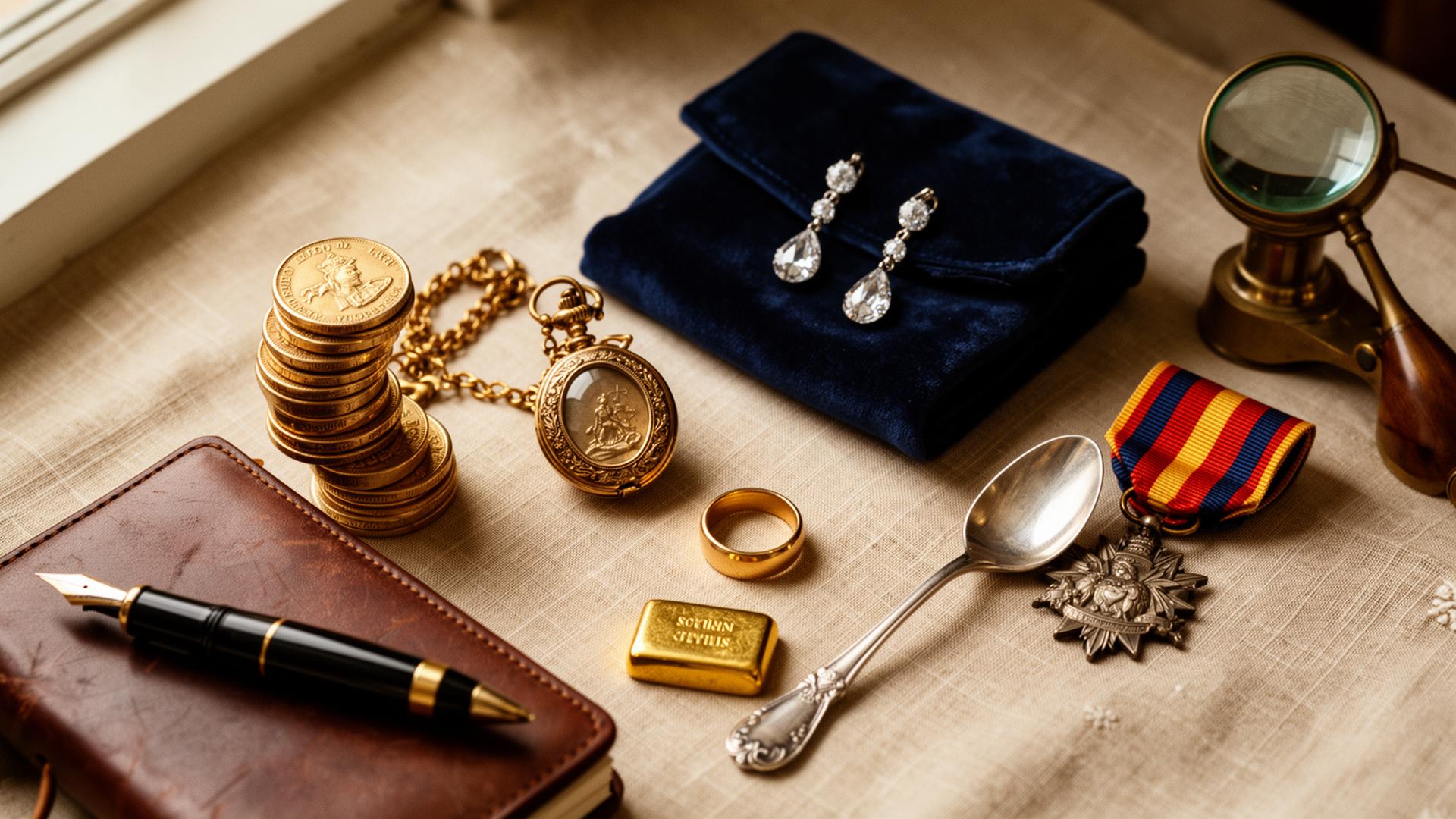 A curated arrangement of gold sovereign coins, a vintage pocket watch, gold chain, silver cutlery, a small gold bar, gold rings and a military medal on navy velvet