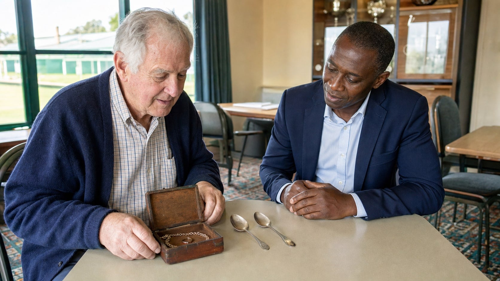A bowls-club member showing keepsake jewellery and silverware to an adviser