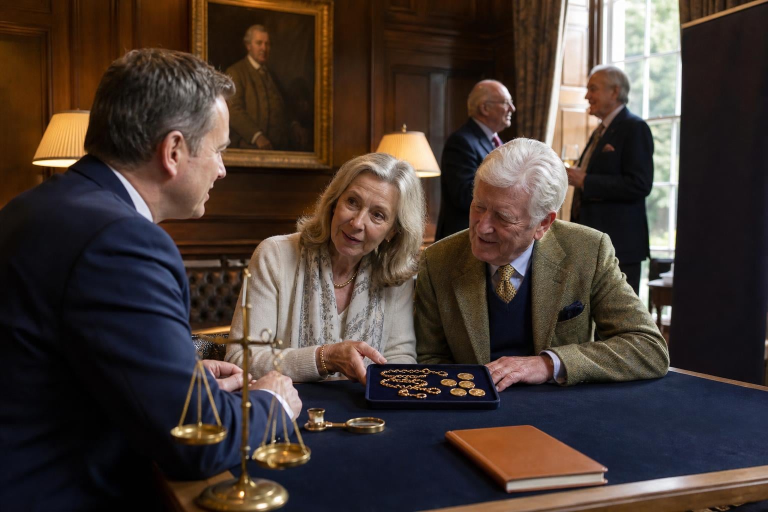 A close-up valuation moment with a Bullion House consultant inspecting jewellery for a club member