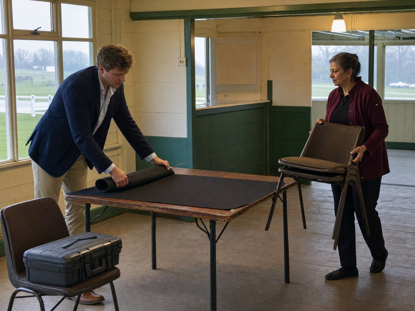 An adviser and club host setting up a valuation table in a cricket pavilion