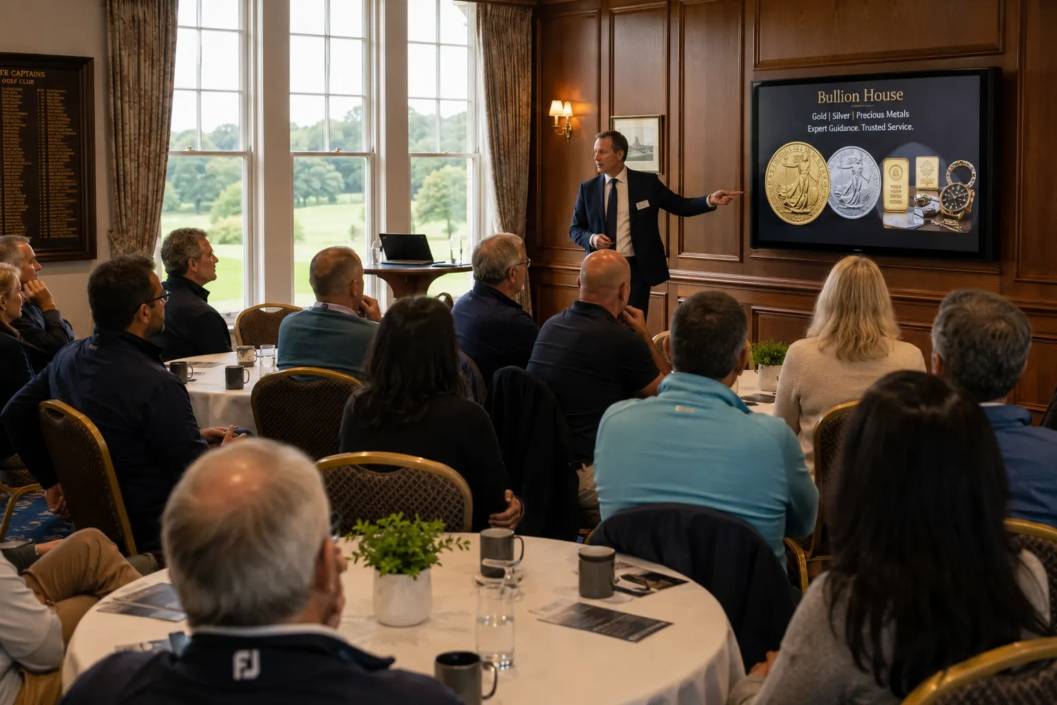 A speaker presenting a Bullion House precious metals talk to club members in a wood-panelled room