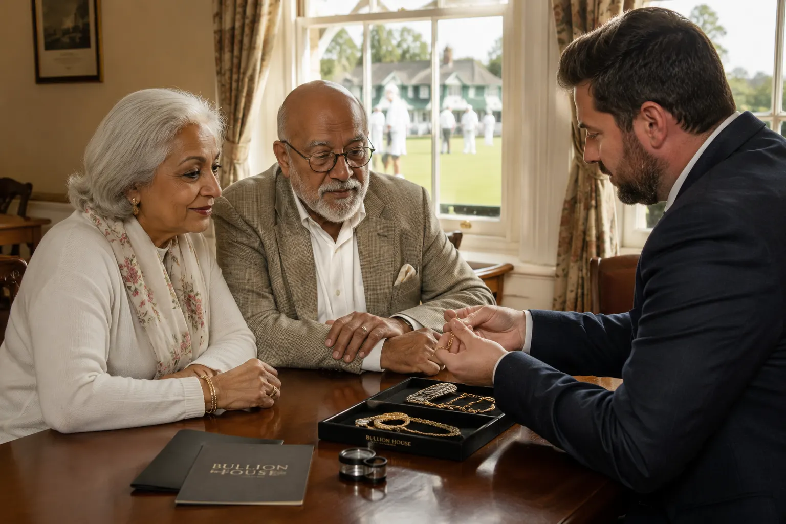 A Bullion House consultant examining jewellery and coins with a club member during a gold valuation appointment
