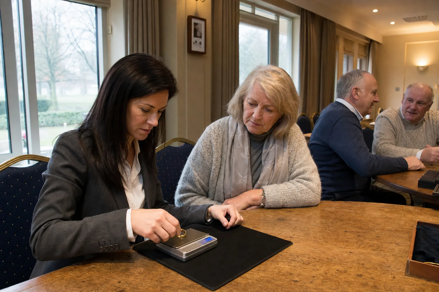 A precious-metals adviser weighing a gold ring at a golf-club valuation event