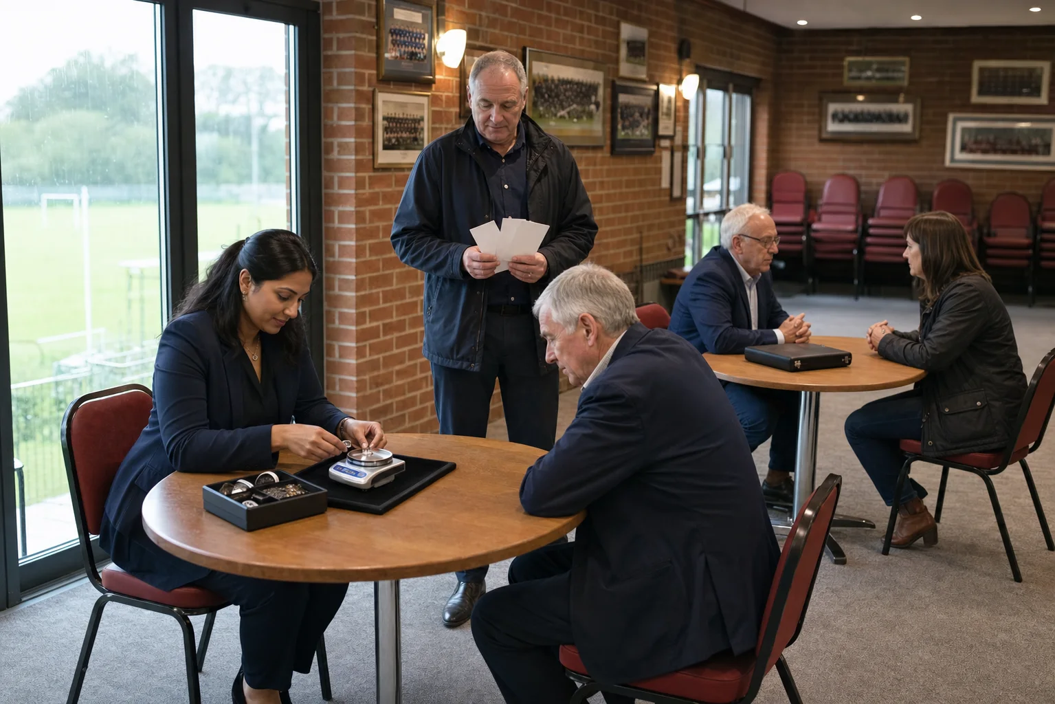 Two advisers running organised valuation appointments at a community rugby club