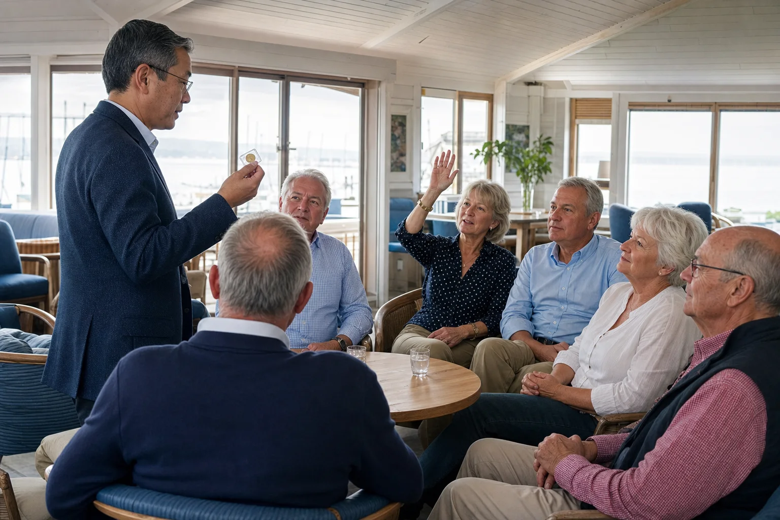 A sailing-club member asking a question during a small precious-metals talk