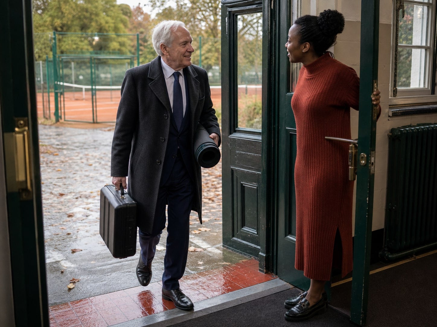 A tennis-club host welcoming an adviser arriving with valuation equipment