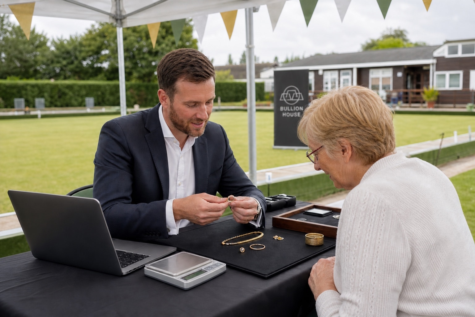 A Bullion House adviser helping a club member at a bowls-club valuation event