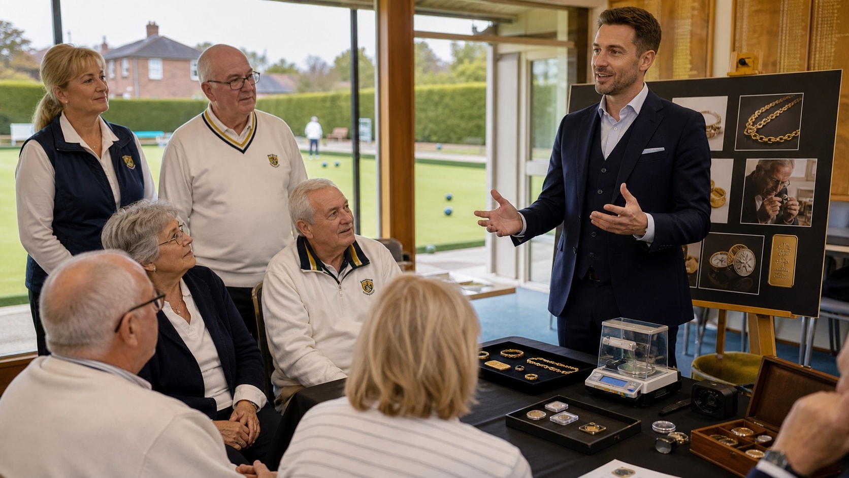 An adviser giving club members a practical talk about coins and precious metals