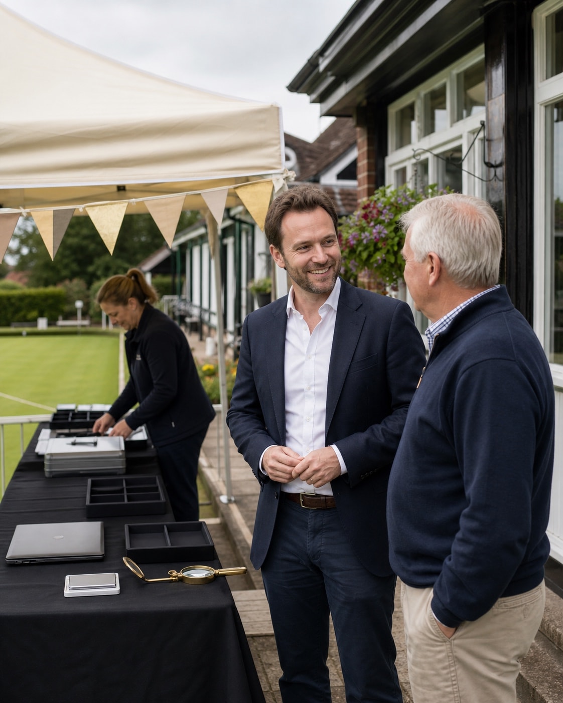 A Bullion House adviser welcoming a bowls-club organiser as an event is prepared