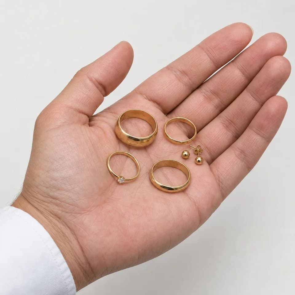 An open hand holding four gold rings, one with a small stone, and a pair of gold ball stud earrings