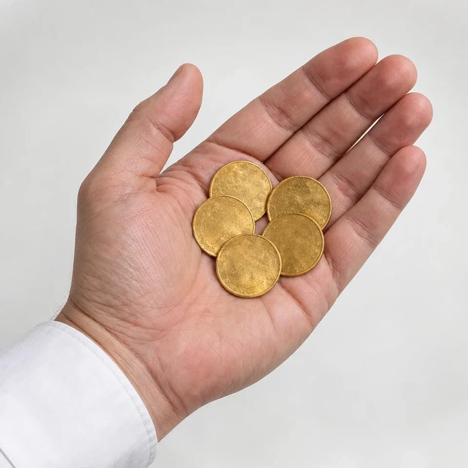 An open hand holding five worn gold coins