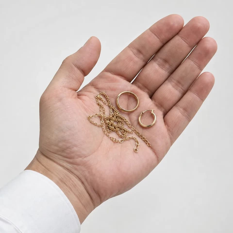 An open hand holding a thin gold chain, a plain gold band ring and a small gold hoop earring