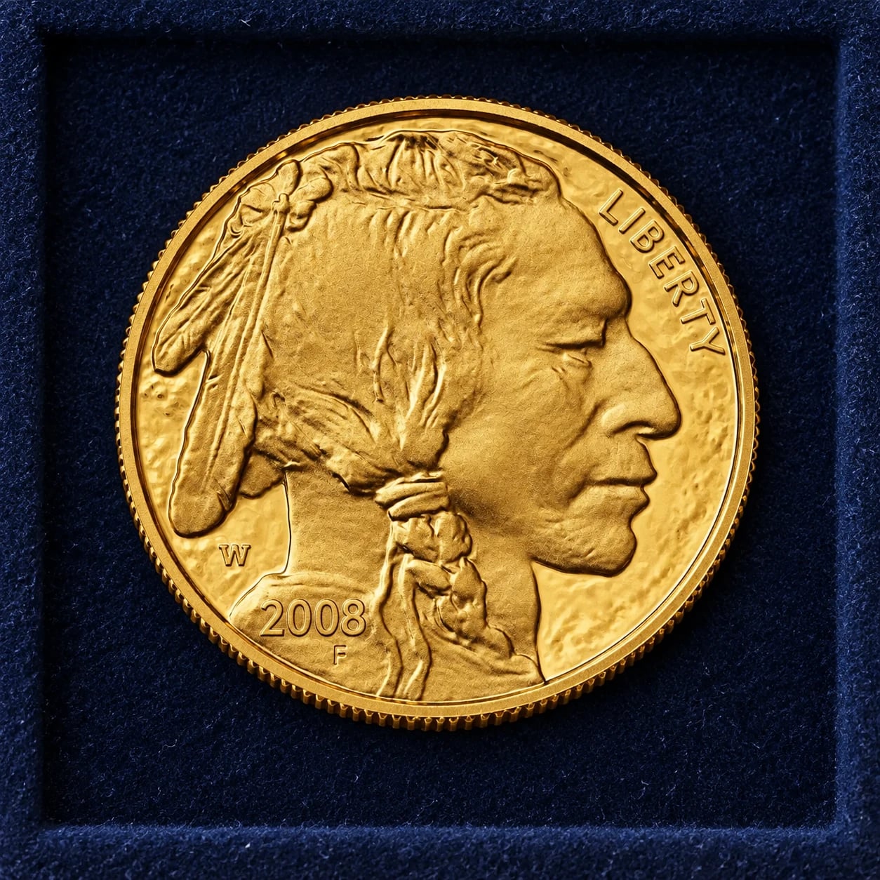 A complete satin 2008 half-ounce American Gold Buffalo coin showing the Native American portrait