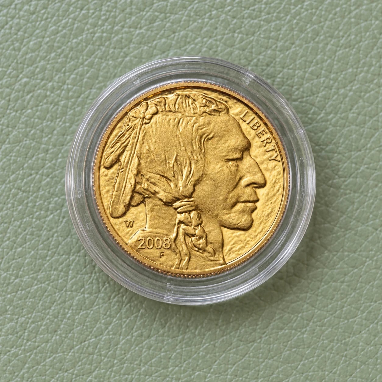 A complete handled 2008 one-tenth-ounce American Gold Buffalo coin showing the Native American portrait