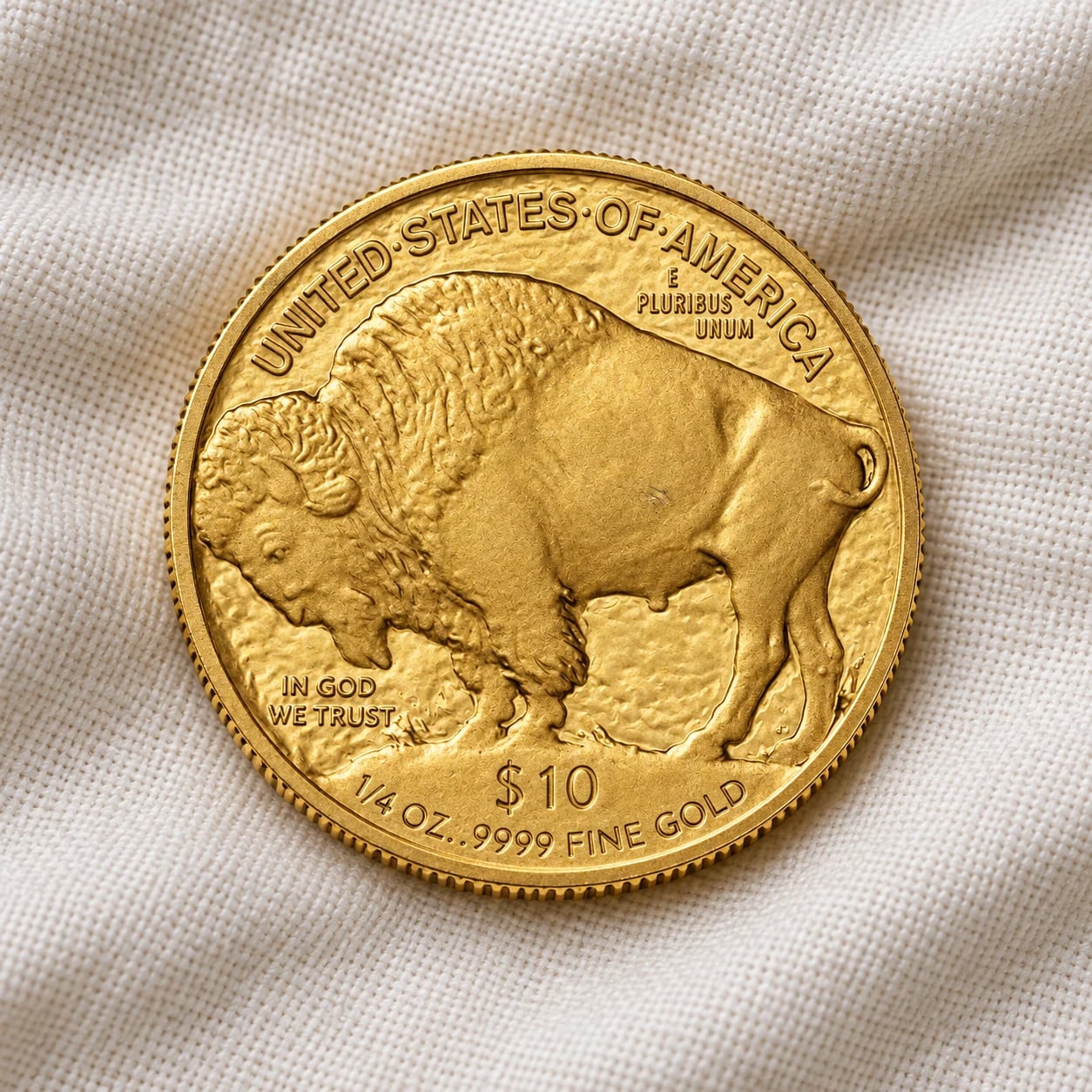 A complete handled 2008 quarter-ounce American Gold Buffalo coin showing the bison reverse