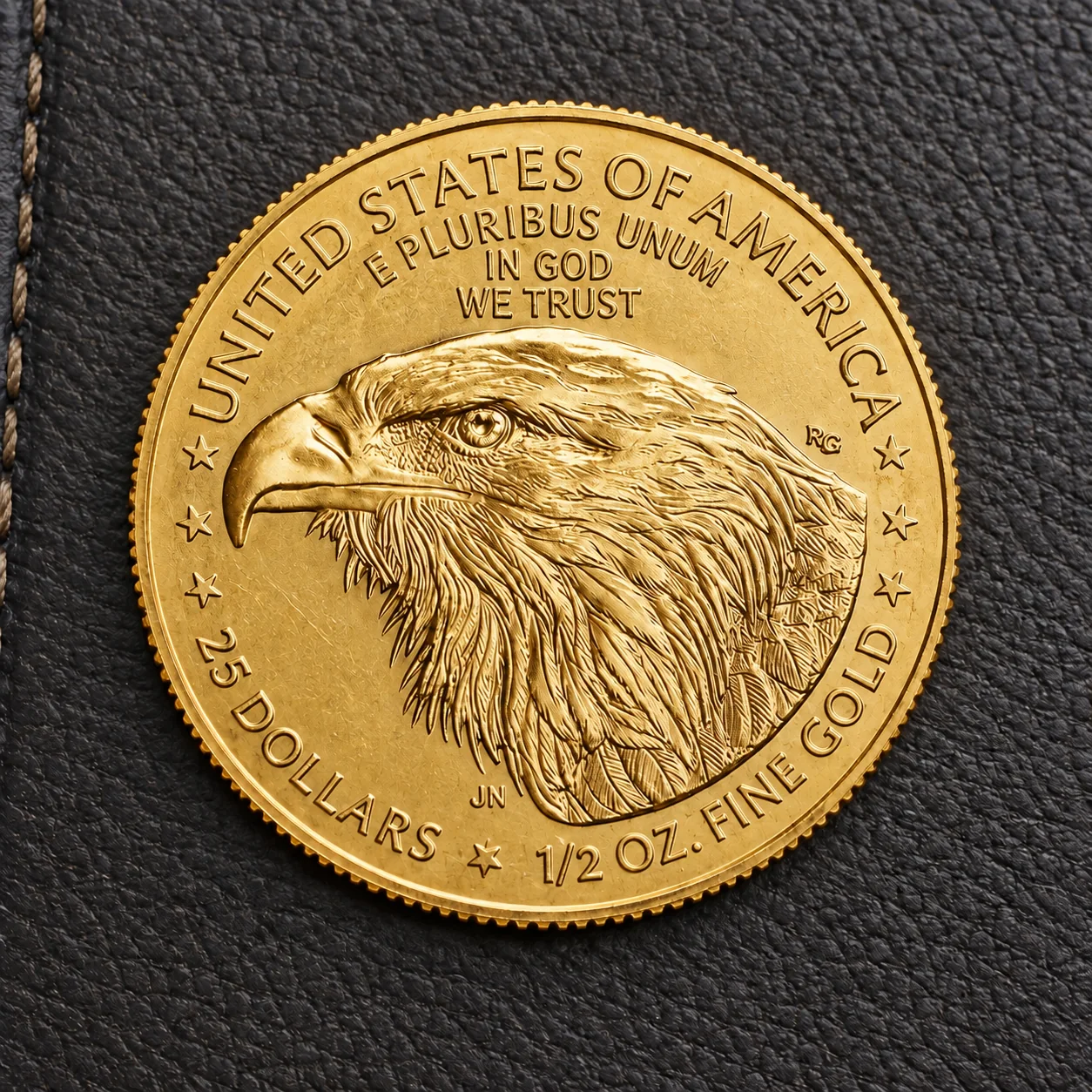 A complete handled 2022 half-ounce American Gold Eagle coin showing the Type 2 eagle portrait reverse