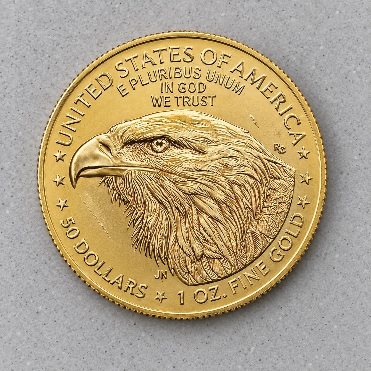 A complete modern one-ounce American Gold Eagle coin showing the Type 2 eagle portrait reverse