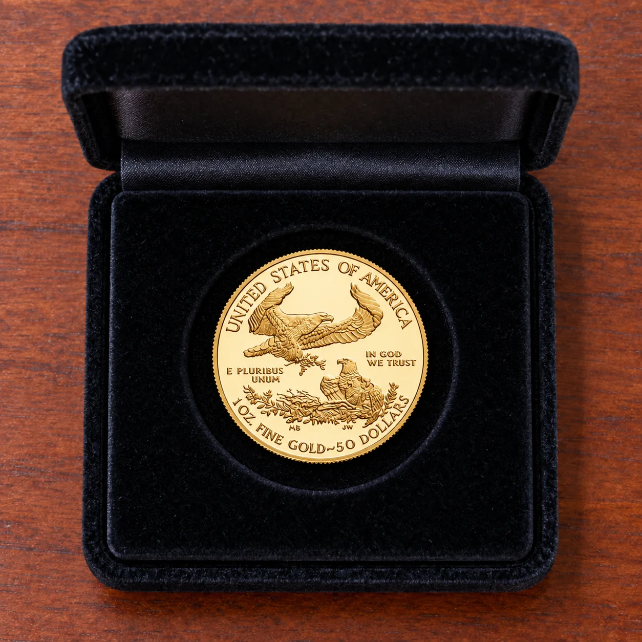 A complete one-ounce proof American Gold Eagle coin with the Type 1 family reverse in a presentation box
