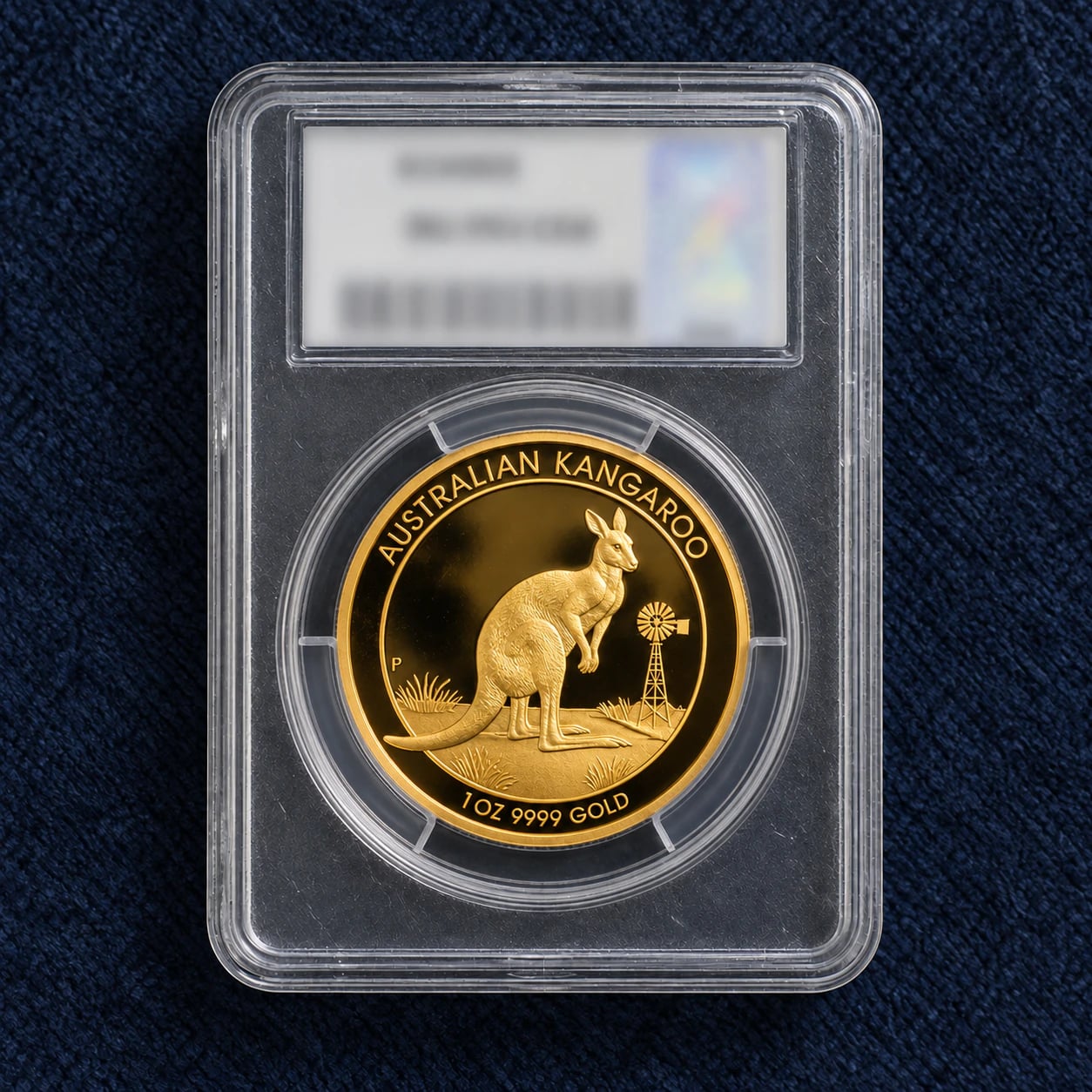 A complete one-ounce proof Australian Gold Kangaroo coin in a professional grading holder