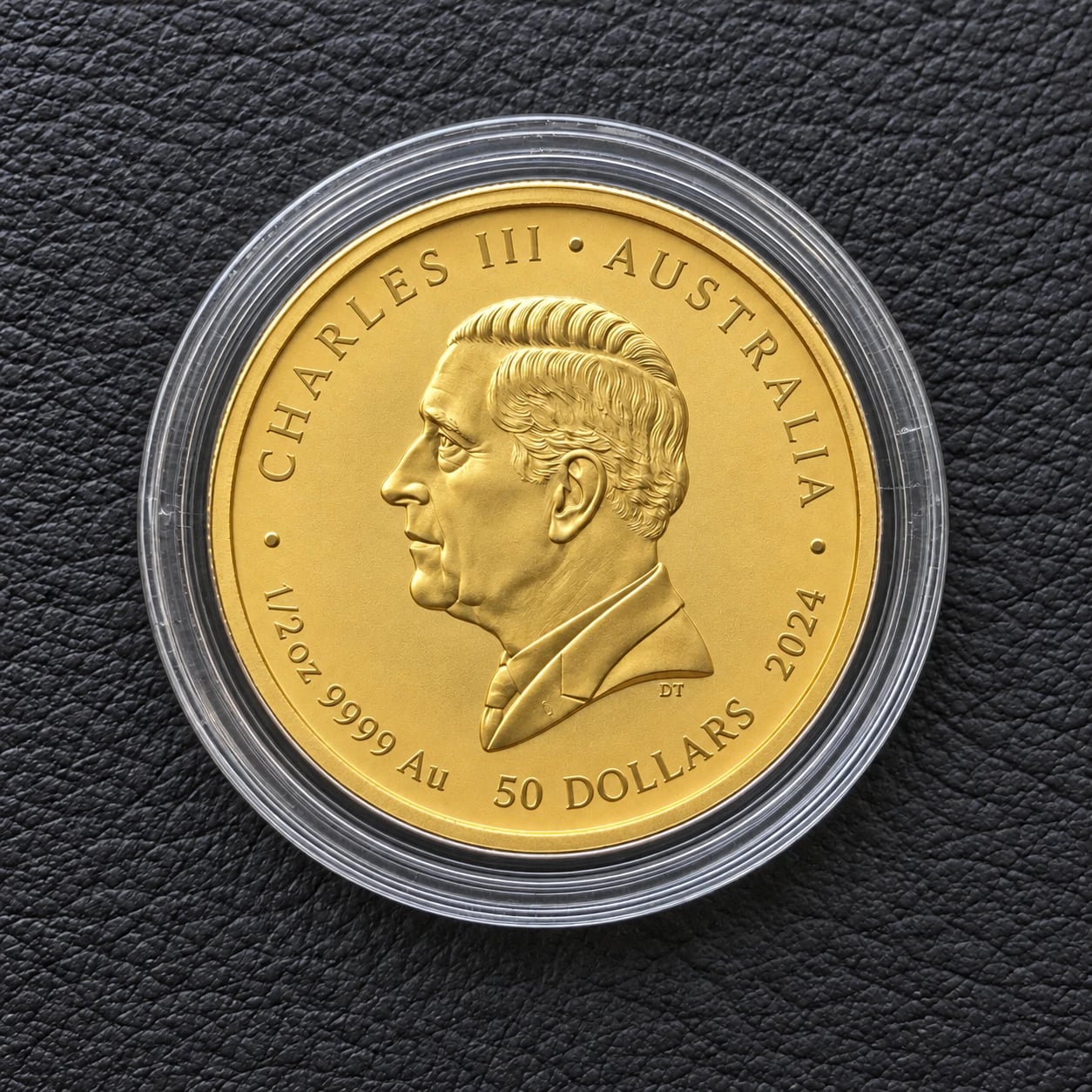A complete 2024 half-ounce Australian Gold Kangaroo coin showing the King Charles III side in a capsule
