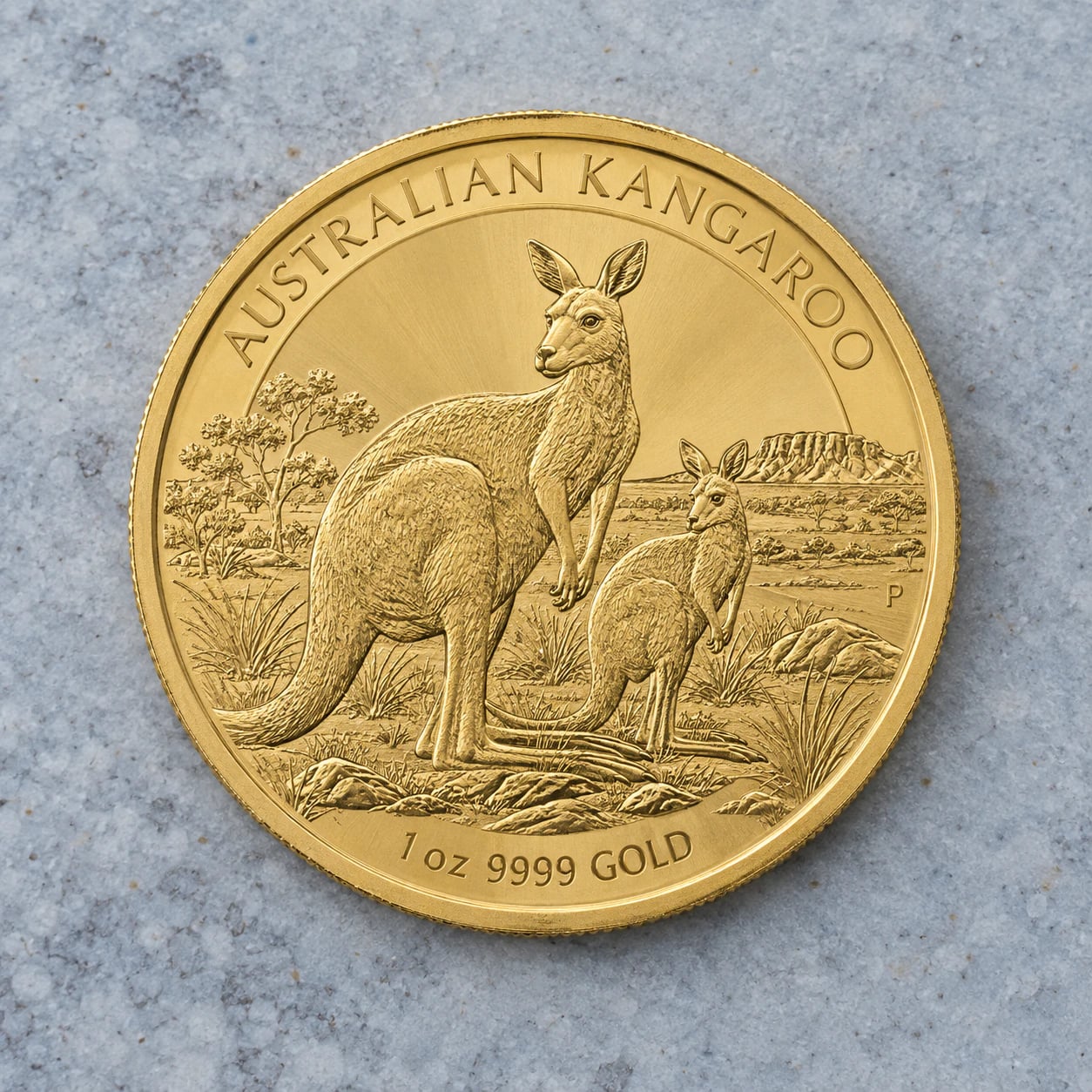 A complete modern one-ounce Australian Gold Kangaroo coin with a two-kangaroo design
