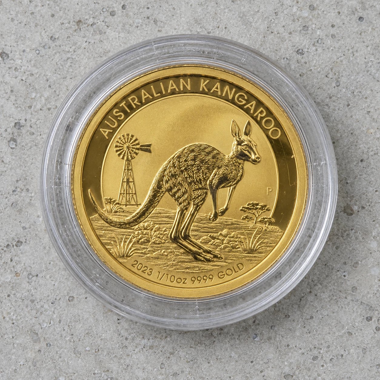 A complete 2023 tenth-ounce Australian Gold Kangaroo coin in a clear capsule