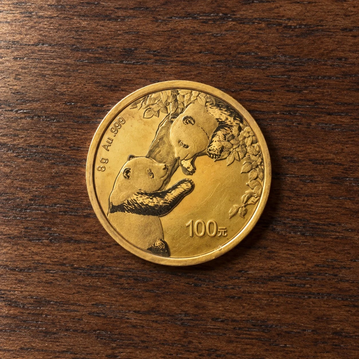 A complete toned 8g Chinese Gold Panda coin with an adult panda and cub on a walnut table