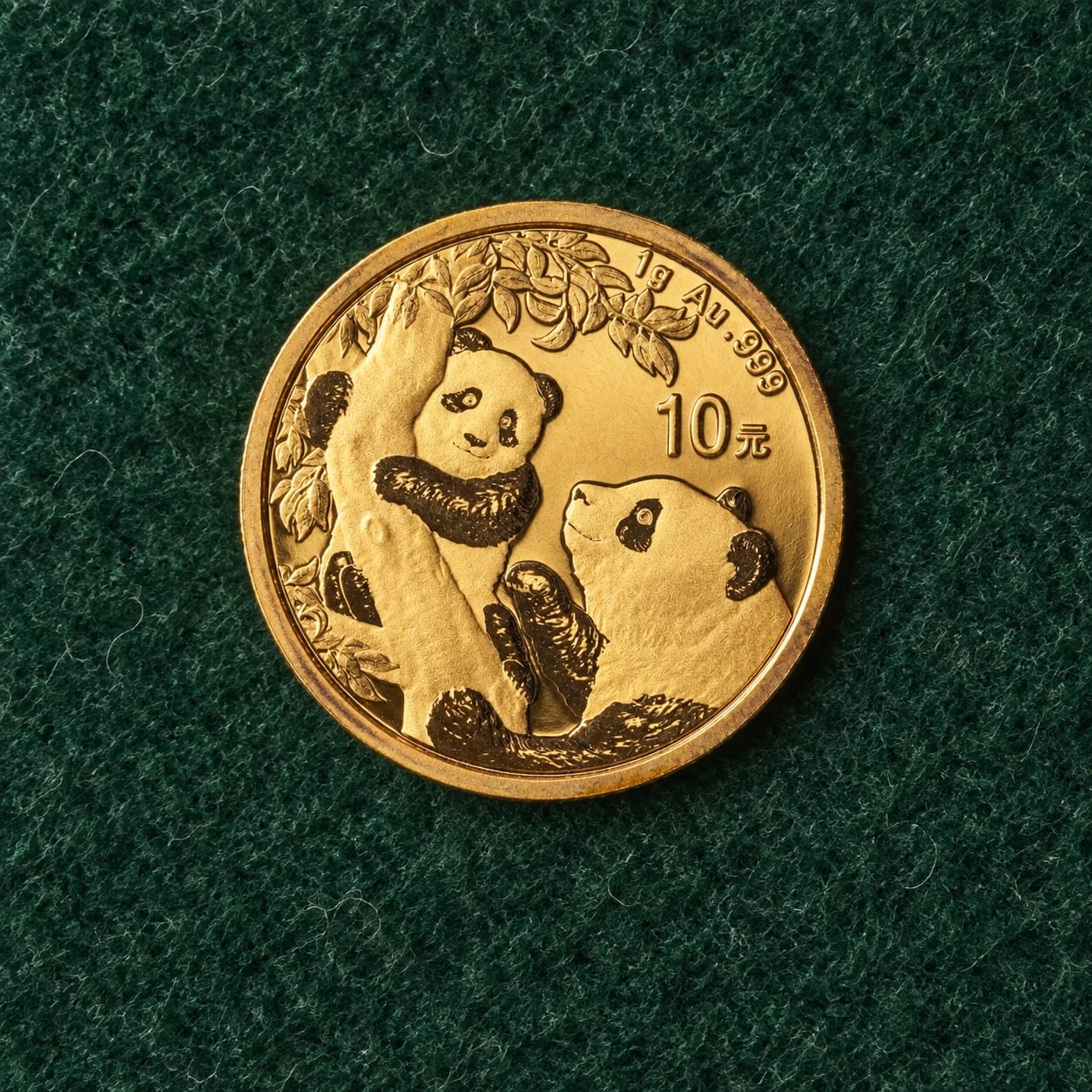 A complete handled 1g Chinese Gold Panda coin with a parent-and-cub design on dark green felt