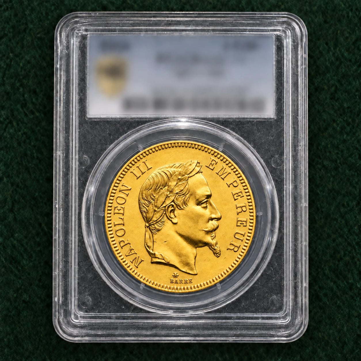 A complete French 100 Franc Napoleon III gold coin in a professional grading holder