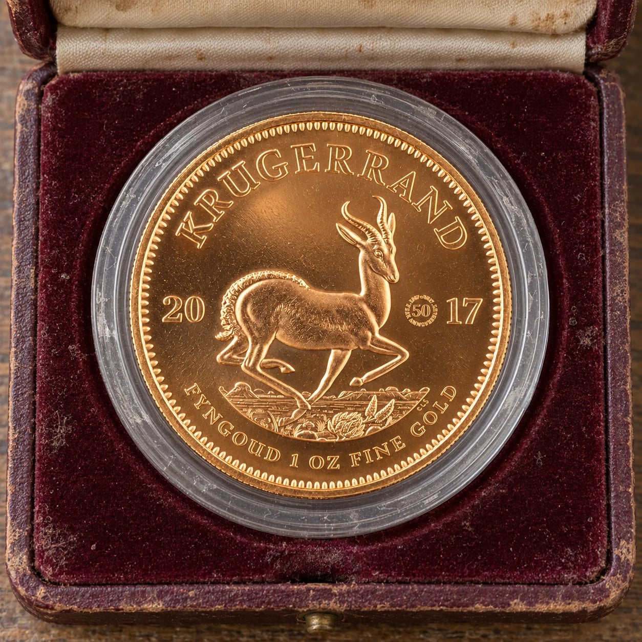 A complete 2017 fiftieth-anniversary Gold Krugerrand coin in its capsule and box
