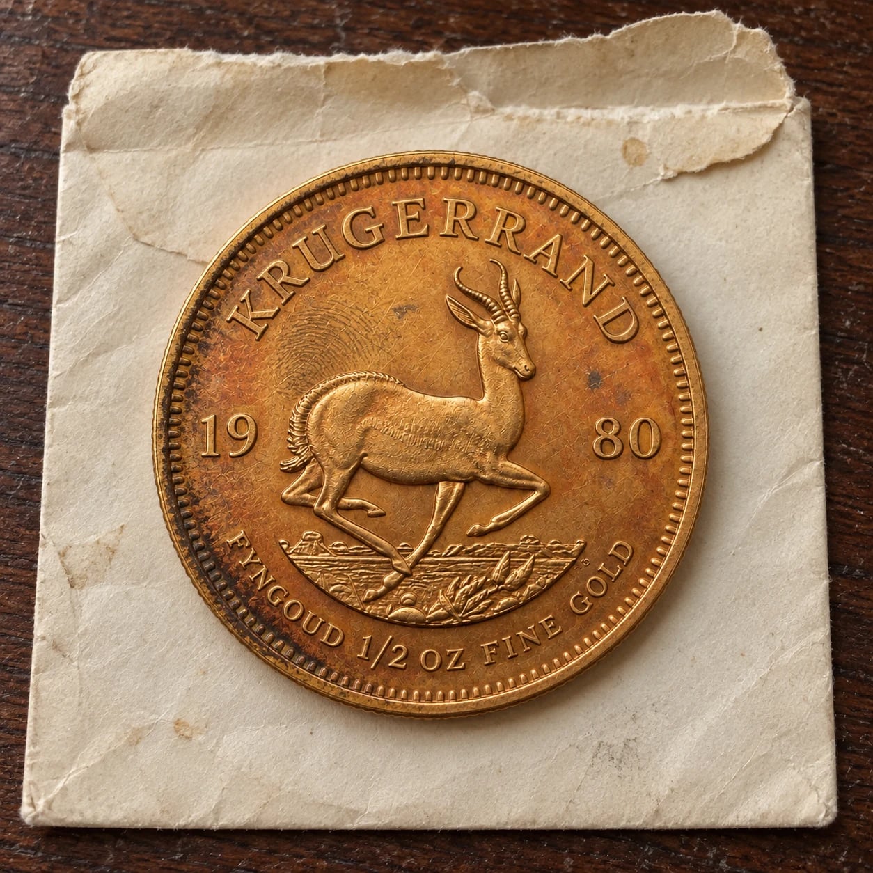 A complete toned 1980 half-ounce Gold Krugerrand coin on an old envelope