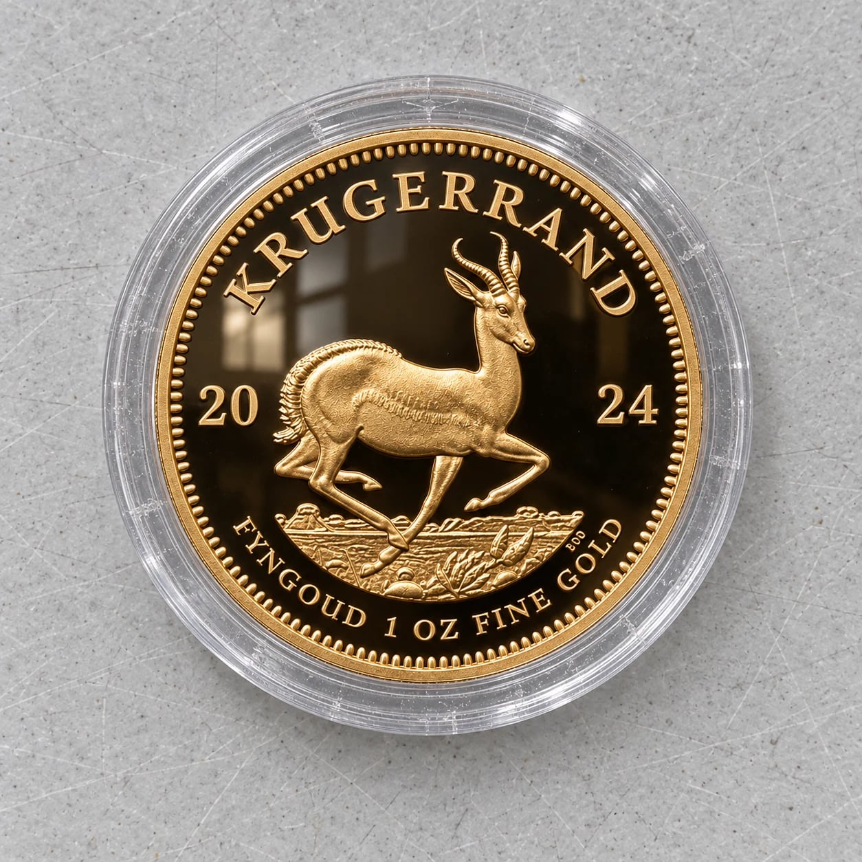 A complete 2024 one-ounce proof Gold Krugerrand coin in a clear capsule
