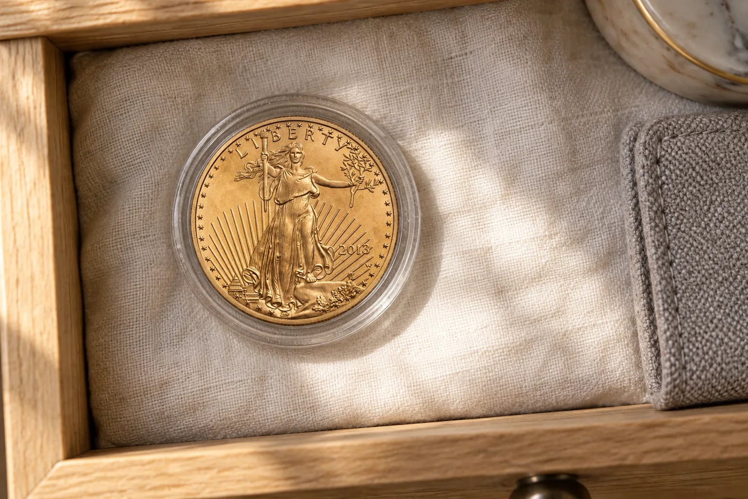 A complete older American Gold Eagle coin showing Lady Liberty in a clear capsule in a drawer
