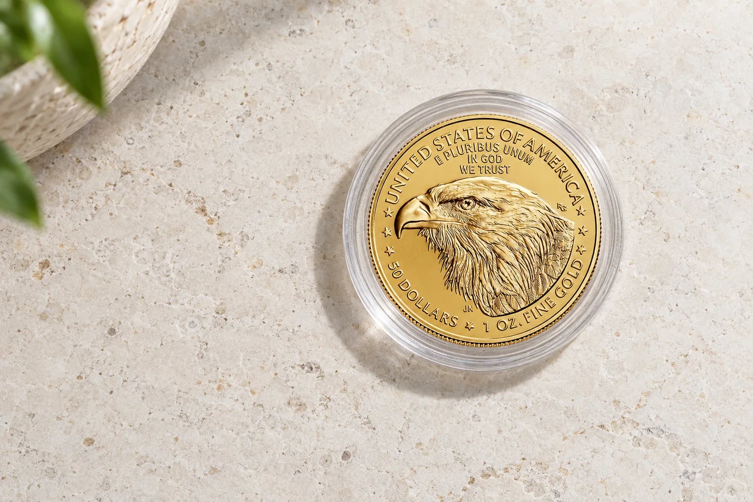 A complete modern American Gold Eagle coin showing the Type 2 eagle portrait in a clear capsule