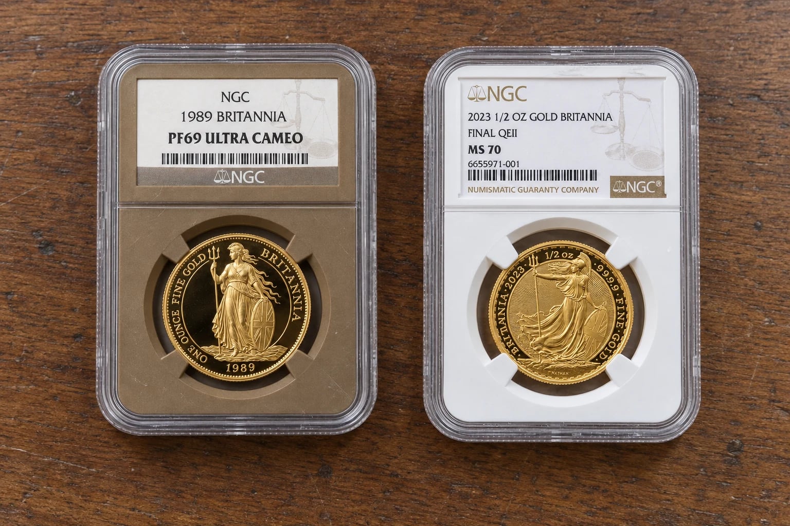 A 1989 proof Gold Britannia and a 2023 half-ounce Gold Britannia in graded holders