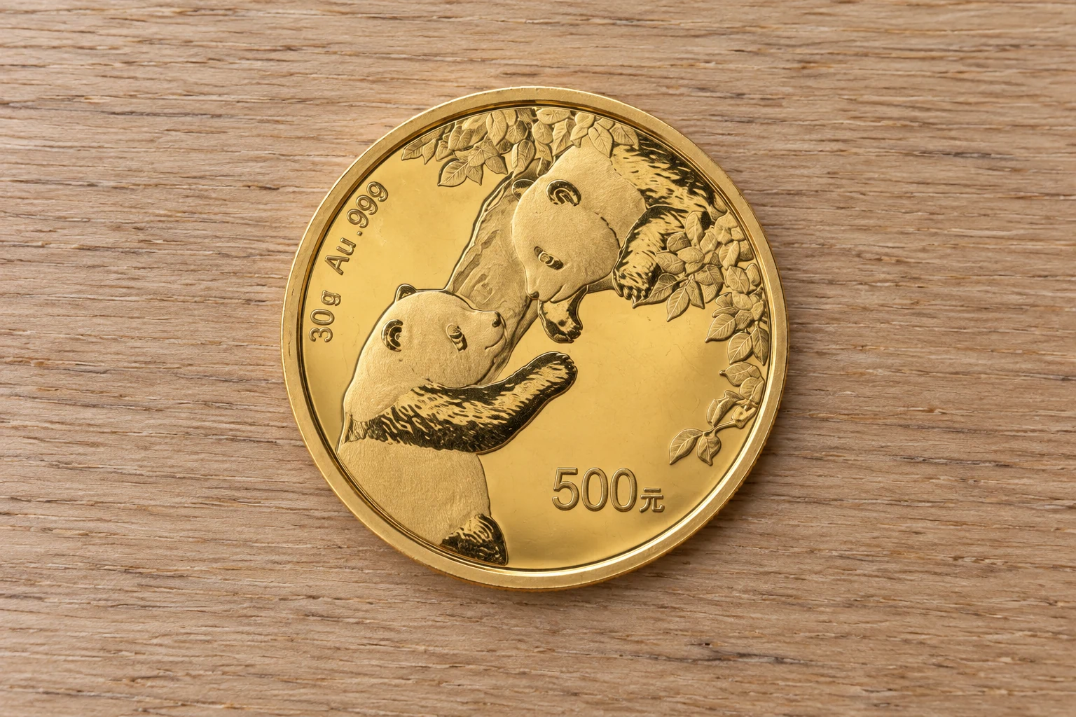 A complete handled 30g Chinese Gold Panda coin showing an adult panda and cub on a clean pale oak table