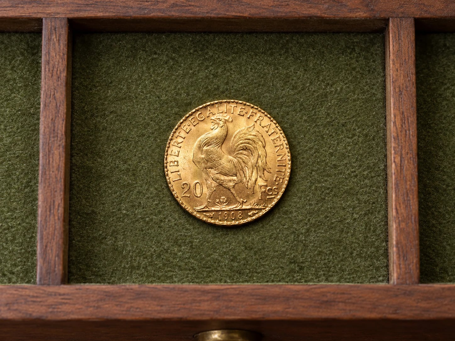A complete 1908 French 20 Franc Rooster gold coin stored in a tidy collector drawer
