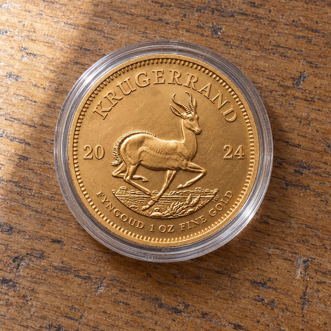 A complete one-ounce Gold Krugerrand coin in a clear capsule on a wooden table