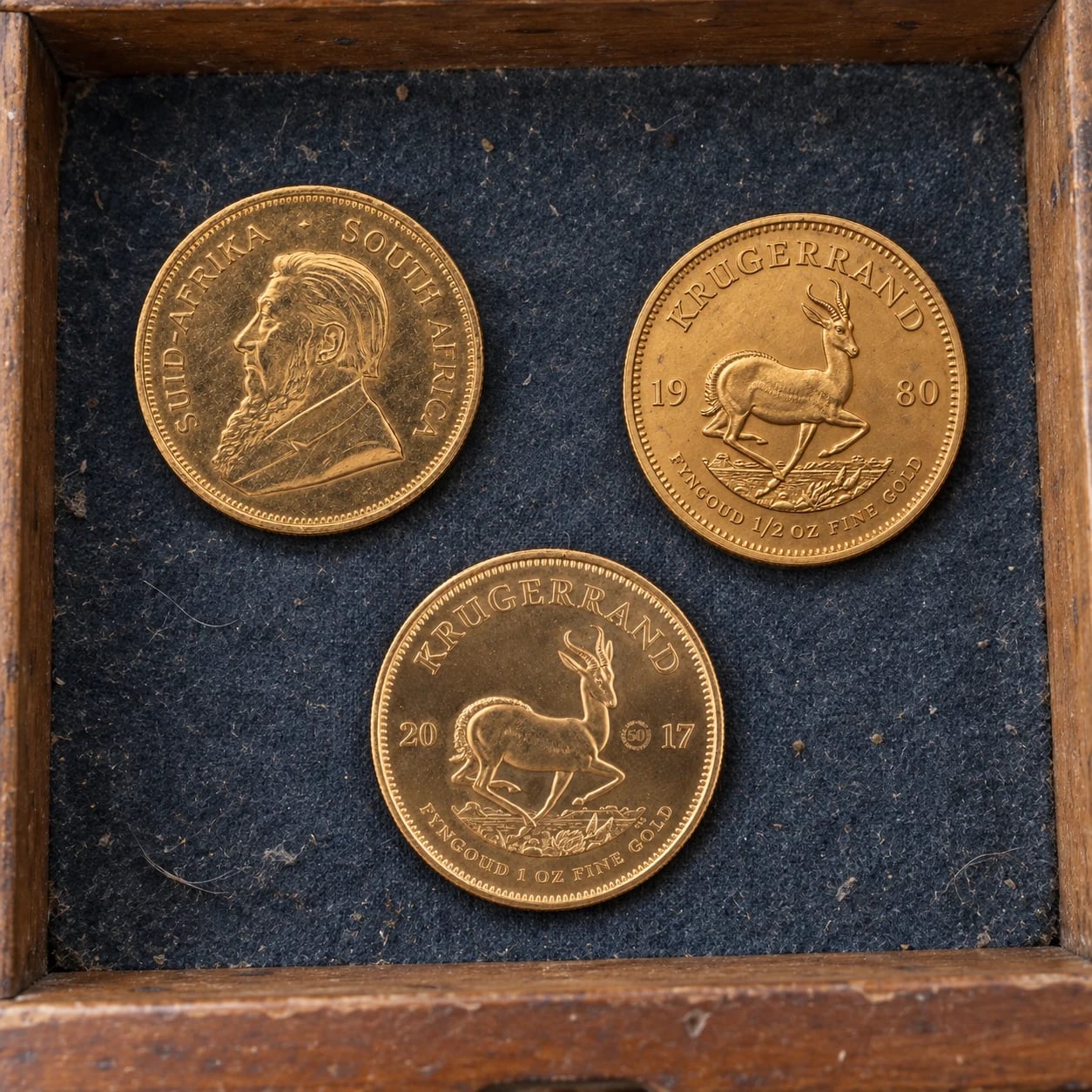 Three complete Gold Krugerrand coins from different years stored in a wooden drawer