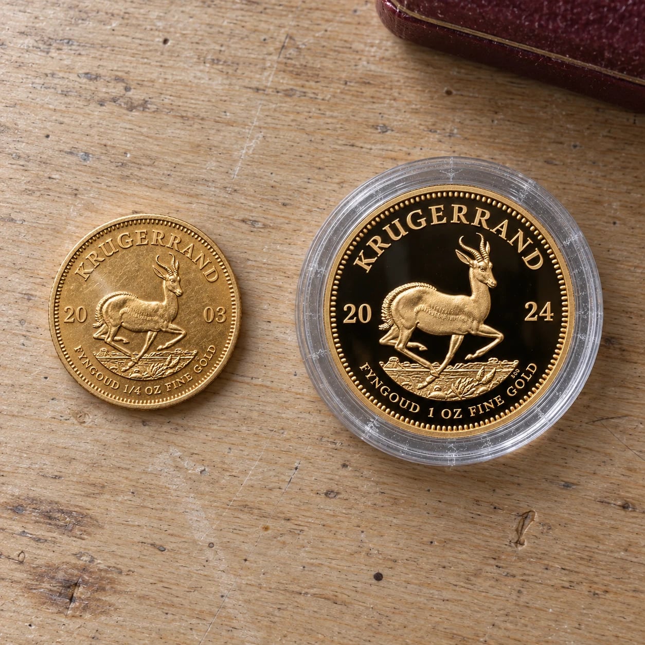 A complete quarter-ounce Gold Krugerrand and a complete proof coin on a wooden table