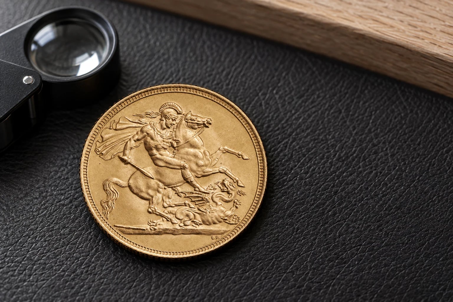 A worn Gold Sovereign beside a jeweller's loupe on an appraisal mat