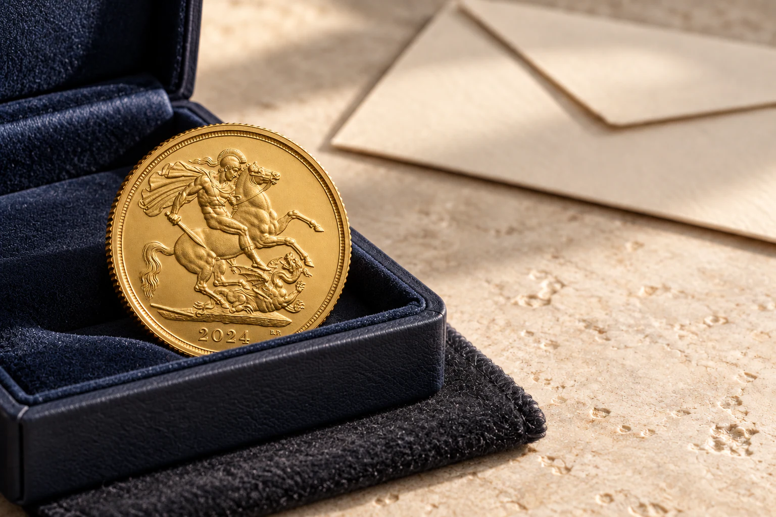 A gold Sovereign coin displayed in an open navy coin box