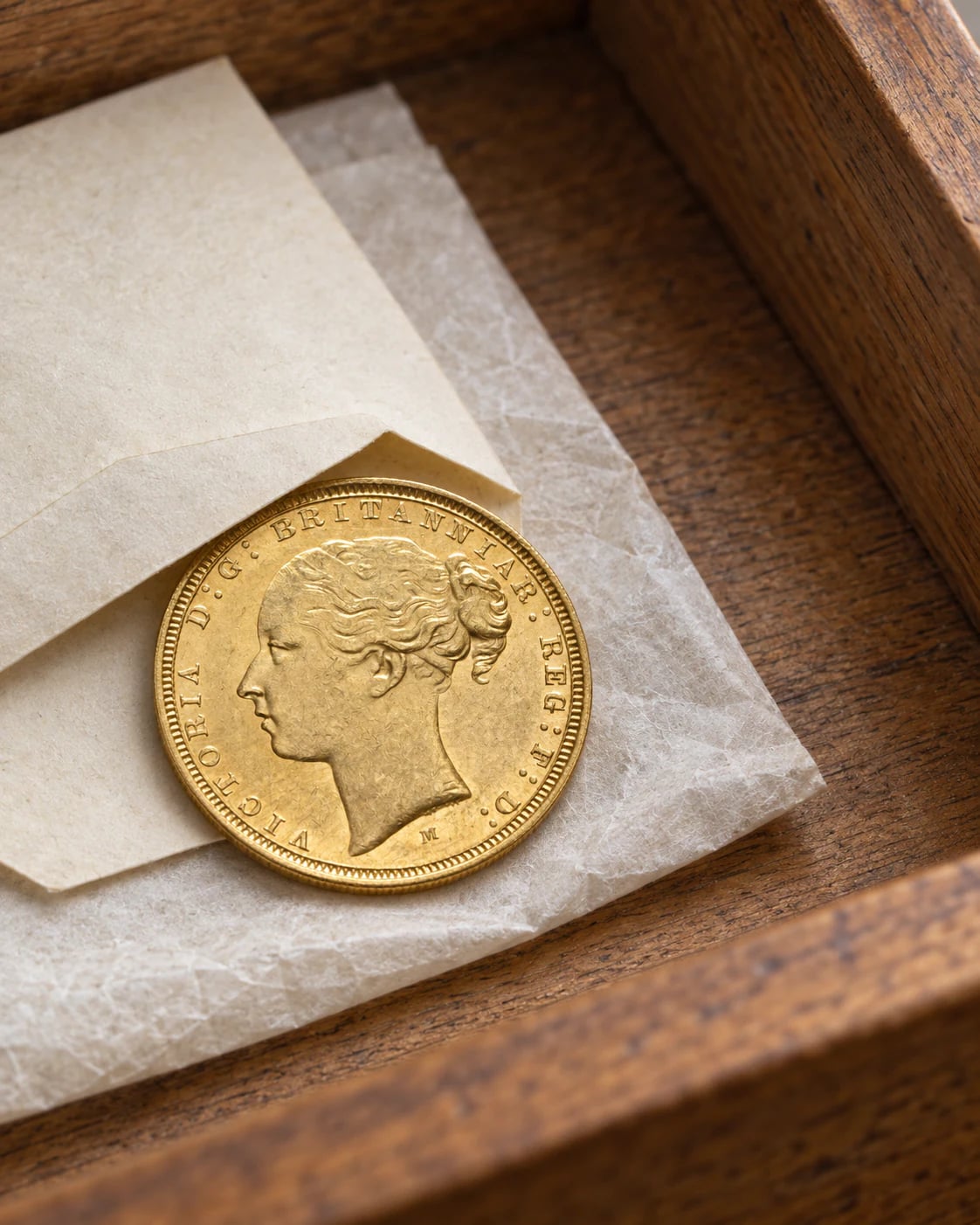A Victorian Gold Sovereign partly visible in an old cream envelope