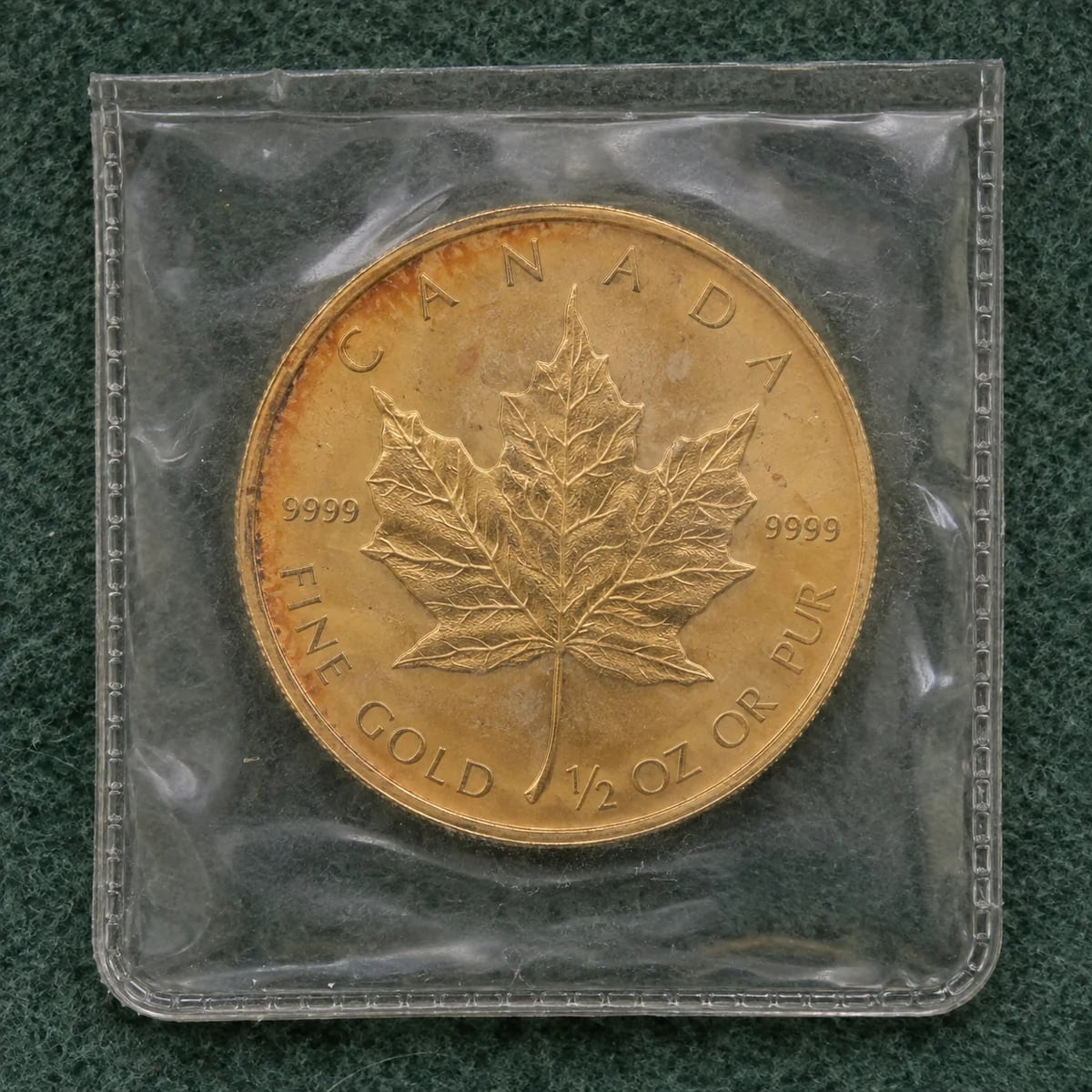 A complete toned 2010 half-ounce Canadian Gold Maple Leaf coin in a plastic flip