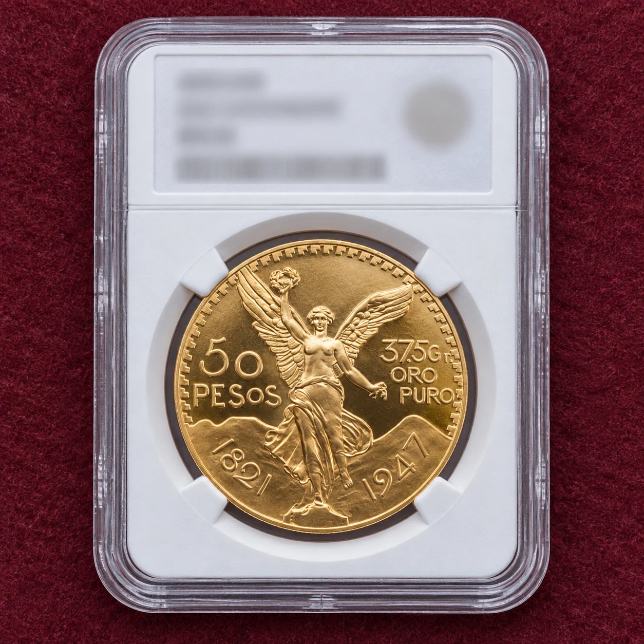 A complete Mexican 50 Pesos Centenario gold coin in a professional grading holder