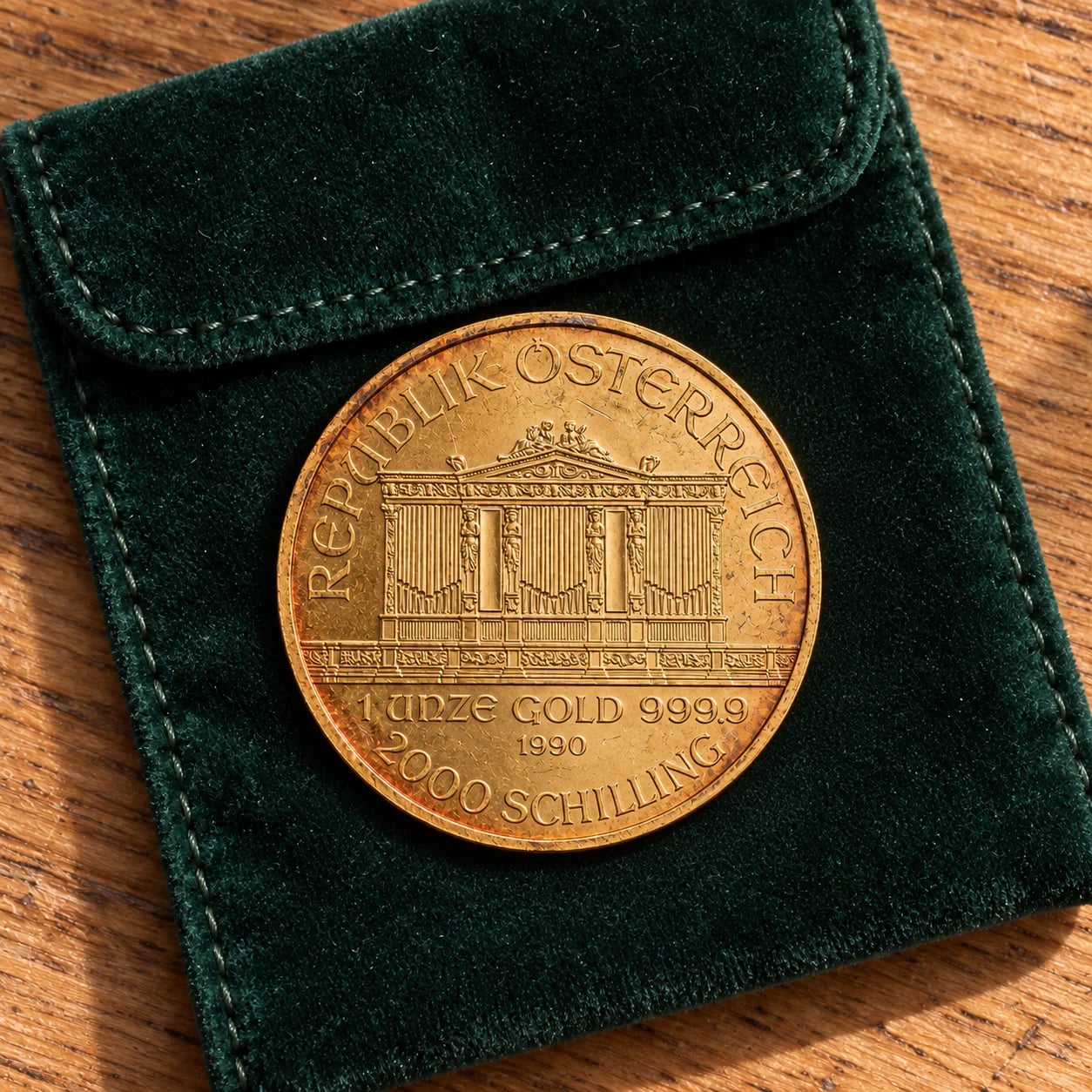 A complete heavily handled 1990 one-ounce Austrian Gold Philharmonic organ-face coin on a green pouch